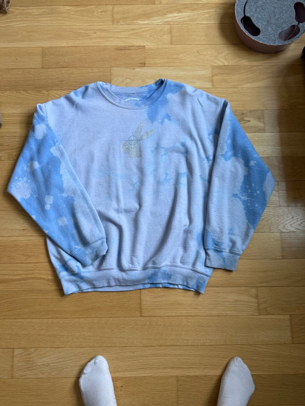 Tie-Dye Blue Crewneck Sweatshirt with Rhinestone Bunny